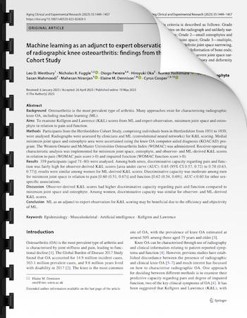 Machine learning as an adjunct to expert observation in classification of radiographic knee osteoarthritis: findings from the Hertfordshire Cohort Study