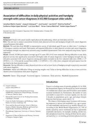 Association of difficulties in daily physical activities and handgrip strength with cancer diagnoses in 65,980 European older adults