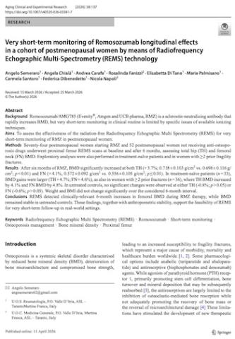 Very short-term monitoring of Romosozumab longitudinal effects in a cohort of postmenopausal women by means of Radiofrequency Echographic Multi-Spectrometry (REMS) technology