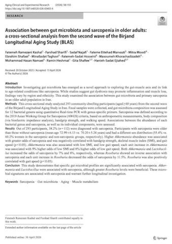 Association between gut microbiota and sarcopenia in older adults: a cross-sectional analysis from the second wave of the Birjand Longitudinal Aging Study (BLAS)